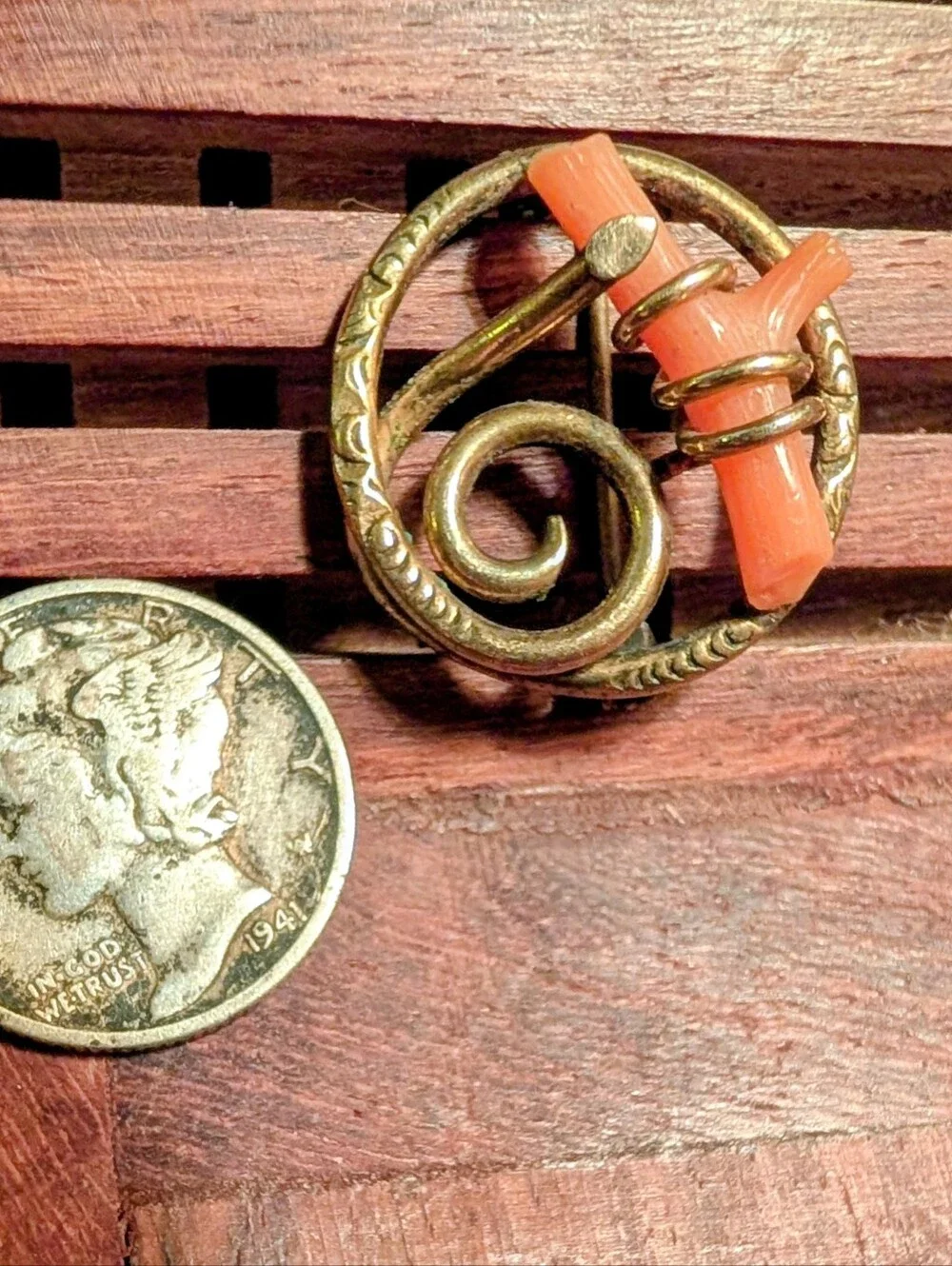Antique Coral Branch Gold Filled Swirl Brooch